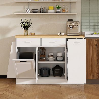 Trikiousd Storage Sideboard Kitchen Island Table with 3-Tier Spice Rack, Trash Can Storage