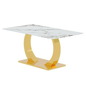 Trikiousd Tempered Glass Dining Table with Faux Marble Table Top