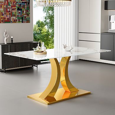 Trikiousd Tempered Glass Dining Table with Faux Marble Table Top