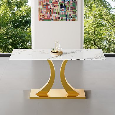 Trikiousd Tempered Glass Dining Table with Faux Marble Table Top