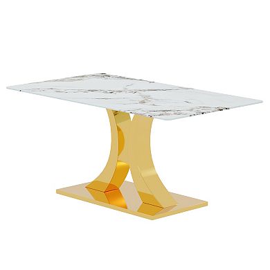 Trikiousd Tempered Glass Dining Table with Faux Marble Table Top