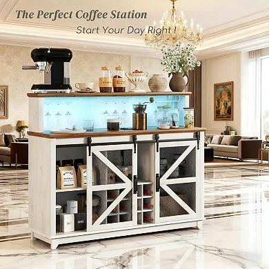 Trikiousd Farmhouse Wine Cabinet LED Coffee Bar Cabinet for Kitchen Dining Room