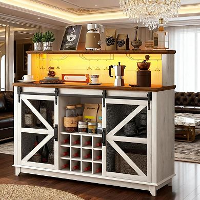 Trikiousd Farmhouse Wine Cabinet LED Coffee Bar Cabinet for Kitchen Dining Room
