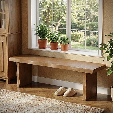 Trikiousd Pine Wood Bench Rectangular Dining Chair Entryway Stool with Wavy Legs