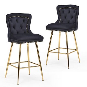Trikiousd Velvet Bar Stools Set of 2 Wing Back Counter Height Chairs with Metal Legs