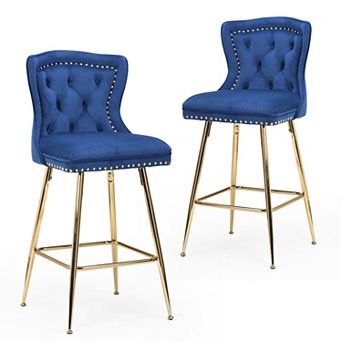 Trikiousd Velvet Bar Stools Set of 2 Wing Back Counter Height Chairs with Metal Legs