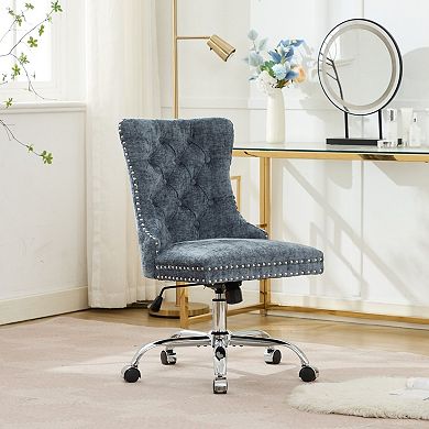 Trikiousd Chenille Tufted Swivel Office Chair with Adjustable Metal Base