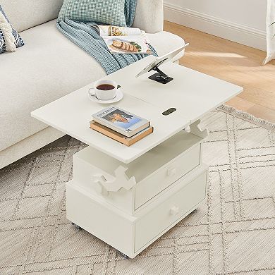 Trikiousd Adjustable Height Rolling End Table with Charging Station and Storage Drawers