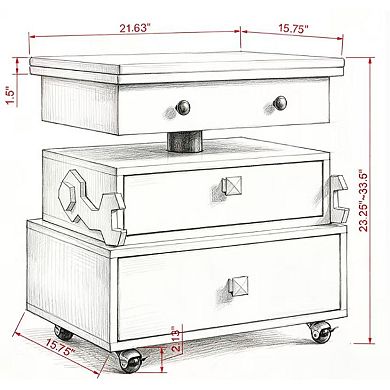 Trikiousd Adjustable Height Rolling End Table with Charging Station and Storage Drawers