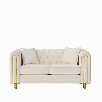 Trikiousd Velvet Loveseat Sofa with Button Tufting, Rolled Arms and Wood Legs