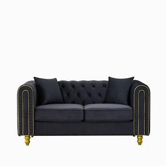 Trikiousd Velvet Loveseat Sofa with Button Tufting, Rolled Arms and Wood Legs