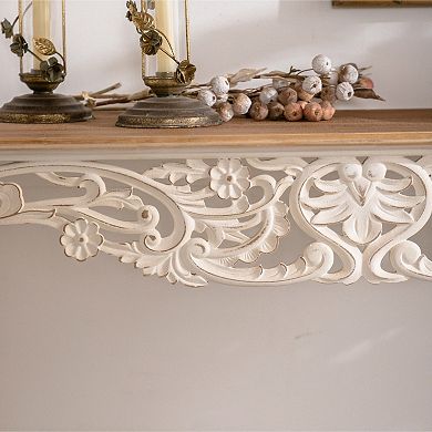 Trikiousd Distressed Solid Wood Carved Console Table with Curved Legs