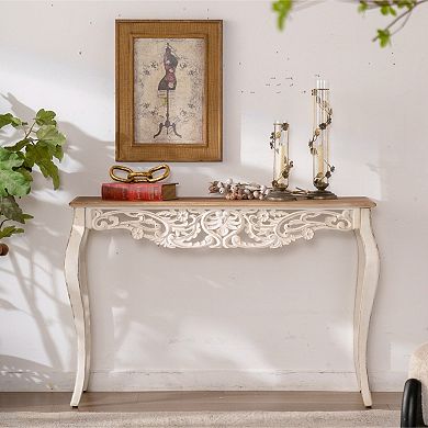 Trikiousd Distressed Solid Wood Carved Console Table with Curved Legs