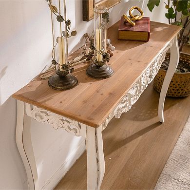 Trikiousd Distressed Solid Wood Carved Console Table with Curved Legs