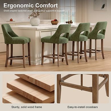 Trikiousd Set of 2 Upholstered Counter Height Bar Stools with Wood Legs and Curved Backrest