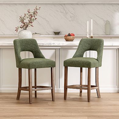 Trikiousd Set of 2 Upholstered Counter Height Bar Stools with Wood Legs and Curved Backrest