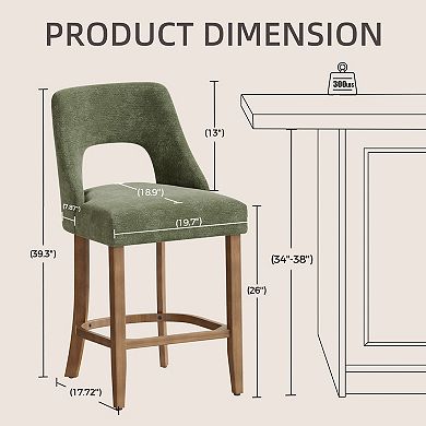 Trikiousd Set of 2 Upholstered Counter Height Bar Stools with Wood Legs and Curved Backrest