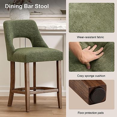 Trikiousd Set of 2 Upholstered Counter Height Bar Stools with Wood Legs and Curved Backrest