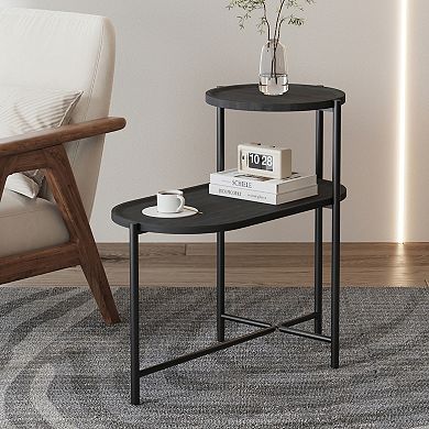 Trikiousd 2-Tier Round Side Table with Storage Shelves and Metal Frame