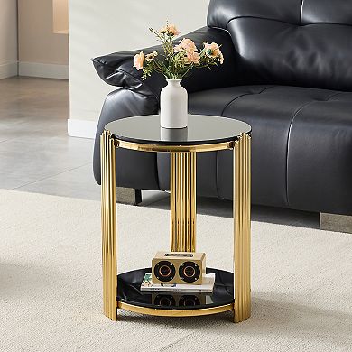 Trikiousd Round Glass End Table with 2-Tier Storage and Stainless Steel Frame