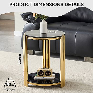 Trikiousd Round Glass End Table with 2-Tier Storage and Stainless Steel Frame