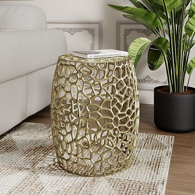 Trikiousd Handcrafted Aluminum Drum End Table with Open Mesh Design Modern Accent Table