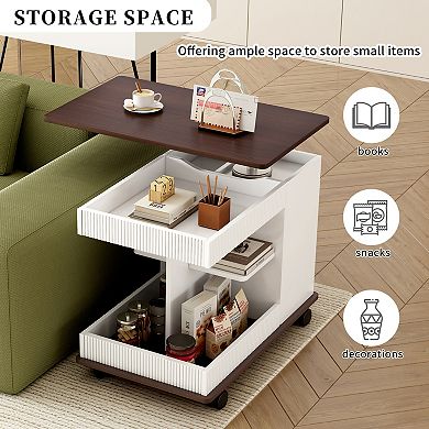 Trikiousd Adjustable Lift Top End Table with Wheels 360掳 Rotating Tabletop and Storage
