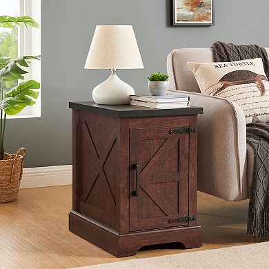 Trikiousd End Table with Barn Door and Adjustable Shelf Rustic Nightstand Storage Cabinet