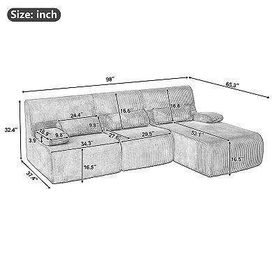 Trikiousd 98" Modular L-Shaped Sectional Sofa, Deep Seat Corduroy Couch with Arm Pillows