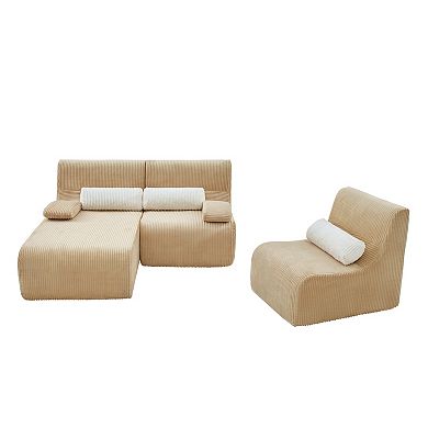 Trikiousd 98" Modular L-Shaped Sectional Sofa, Deep Seat Corduroy Couch with Arm Pillows