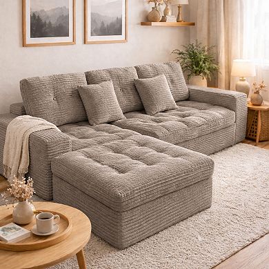 Trikiousd 106" Modular Cloud Sofa with Ottoman, Faux Rabbit Fur Velvet Sectional Couch