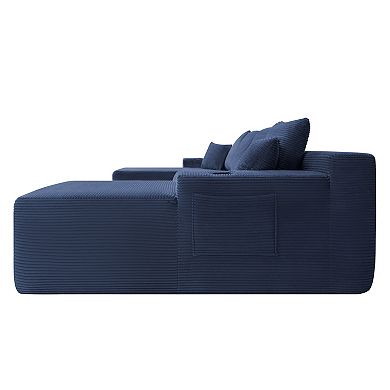 Trikiousd 126" U-Shaped Corduroy Cloud Sectional Sofa with Chaise & Cup Holder, Side Pockets