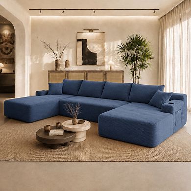 Trikiousd 126" U-Shaped Corduroy Cloud Sectional Sofa with Chaise & Cup Holder, Side Pockets