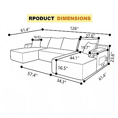 Trikiousd 126" U-Shaped Corduroy Cloud Sectional Sofa with Chaise & Cup Holder, Side Pockets