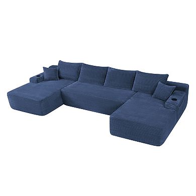 Trikiousd 126" U-Shaped Corduroy Cloud Sectional Sofa with Chaise & Cup Holder, Side Pockets