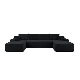 Trikiousd 126" U-Shaped Corduroy Cloud Sectional Sofa with Chaise & Cup Holder, Side Pockets