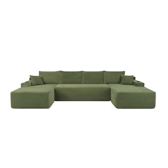 Trikiousd 126" U-Shaped Corduroy Cloud Sectional Sofa with Chaise & Cup Holder, Side Pockets
