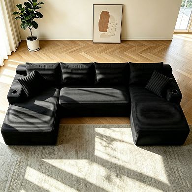 Trikiousd 134" U-Shaped Cloud Sectional Sofa with Chaise, Cup Holders and Side Pockets