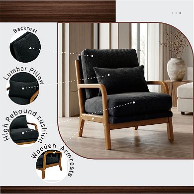 Trikiousd Wooden Accent Chair Upholstered Lounge Chair with Solid Wood Arms