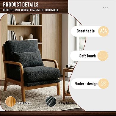 Trikiousd Wooden Accent Chair Upholstered Lounge Chair with Solid Wood Arms