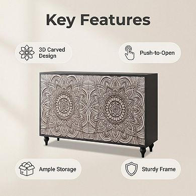 Trikiousd 60" Boho Mandala 4-Door Sideboard Buffet Cabinet with Adjustable Shelves