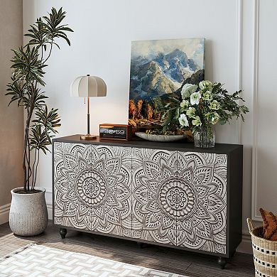 Trikiousd 60" Boho Mandala 4-Door Sideboard Buffet Cabinet with Adjustable Shelves