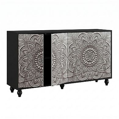 Trikiousd 60" Boho Mandala 4-Door Sideboard Buffet Cabinet with Adjustable Shelves