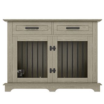 Trikiousd 44.48" Wooden Dog Crate Furniture with Storage Drawers and Rotating Bowls