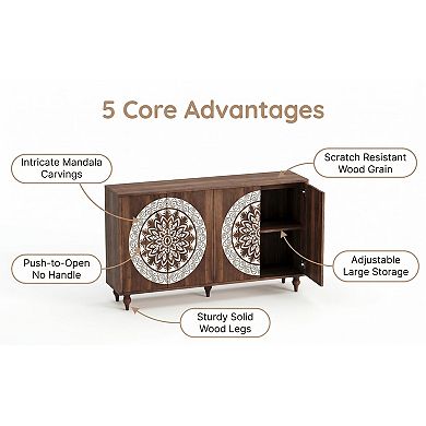 Trikiousd 60" Mandala Carved Sideboard Buffet Cabinet with 4 Doors & Adjustable Shelves