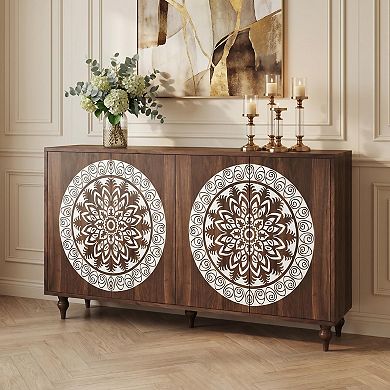 Trikiousd 60" Mandala Carved Sideboard Buffet Cabinet with 4 Doors & Adjustable Shelves