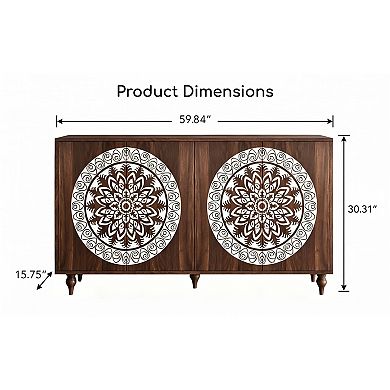 Trikiousd 60" Mandala Carved Sideboard Buffet Cabinet with 4 Doors & Adjustable Shelves