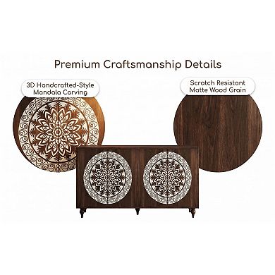 Trikiousd 60" Mandala Carved Sideboard Buffet Cabinet with 4 Doors & Adjustable Shelves