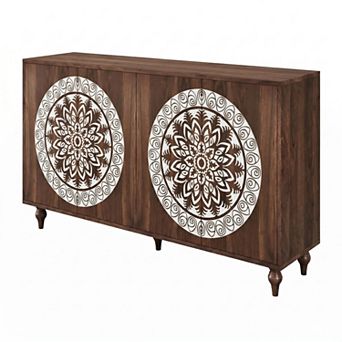 Trikiousd 60" Mandala Carved Sideboard Buffet Cabinet with 4 Doors & Adjustable Shelves
