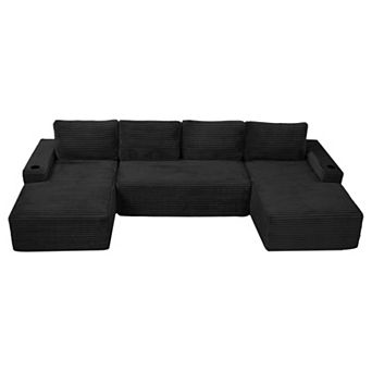 Trikiousd 133.4" U-Shaped Modular Sectional Sofa Corduroy Cloud Couch with Cup Holders